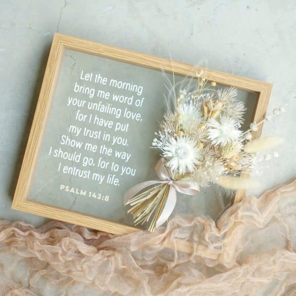 light brown beige white preserved flowers floral frame bible verse psalm