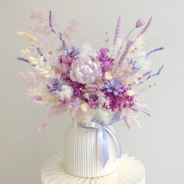 lilac white preserved flowers vase arrangement