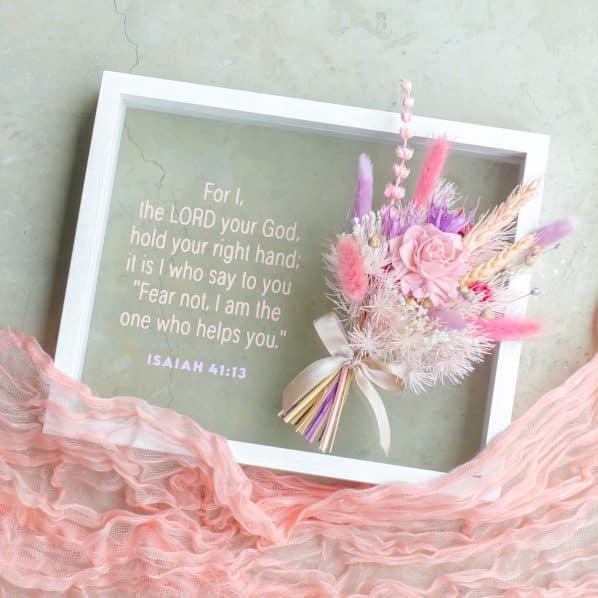 pastel pink light purple preserved flowers floral frame bible verse isaiah