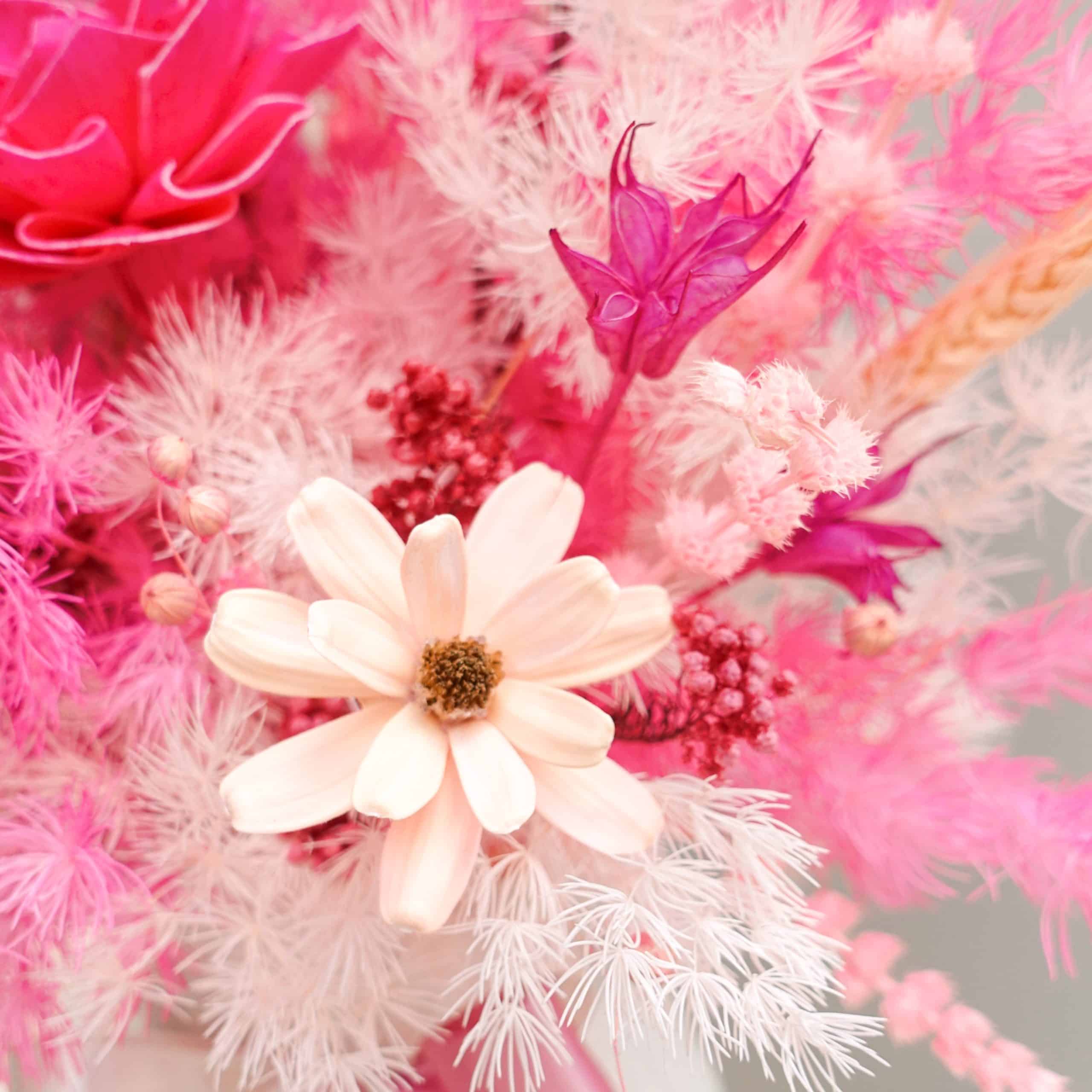 pink fuschia preserved flowers vase arrangement close up 02