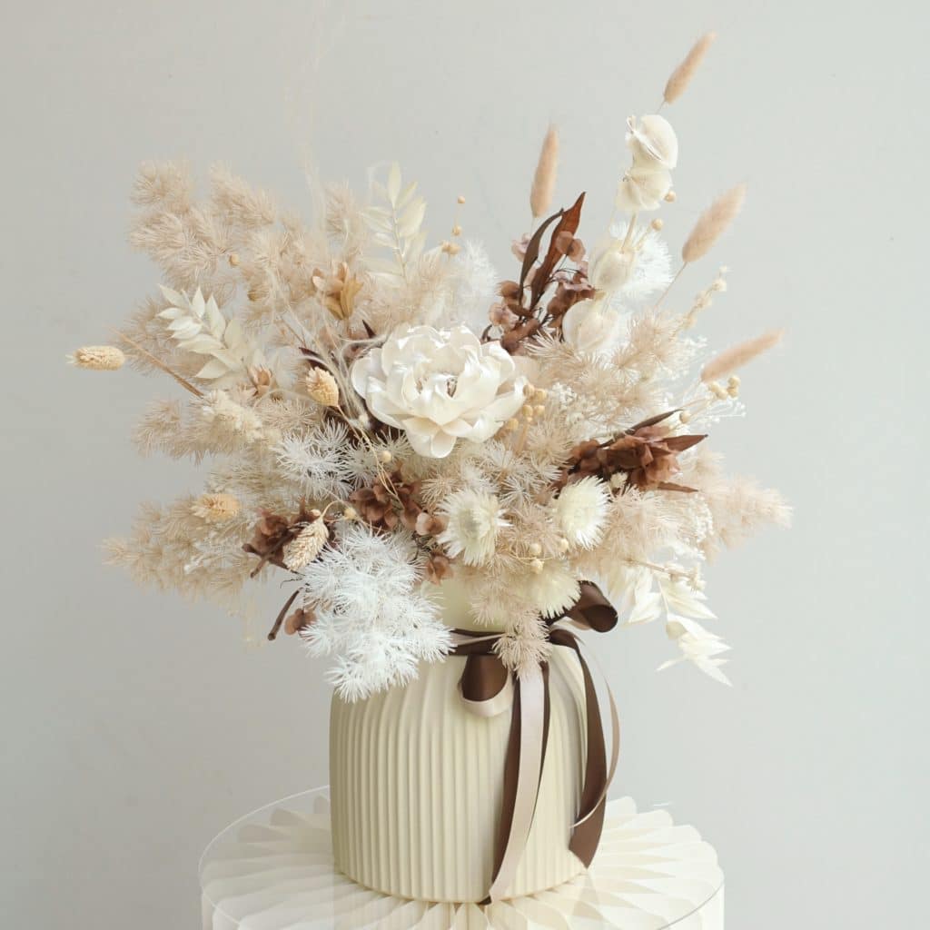 white beige brown preserved flowers vase arrangement