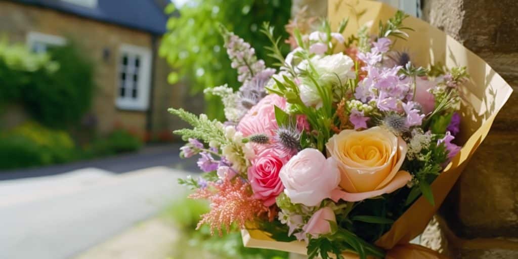 beautiful bouquet of flowers delivered to the doorstep
